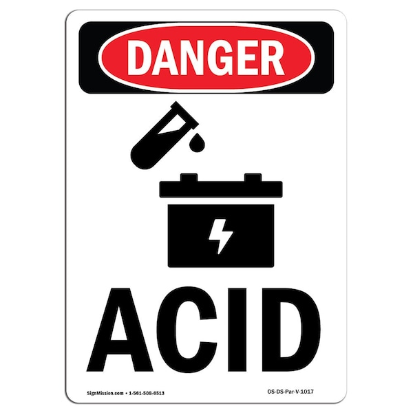 Safety Sign, OSHA Danger, 5" Height, Acid, Portrait, 10PK